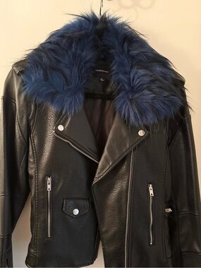 Members Only Vegan Leather Jacket Moto Style Faux Fur Collar Black Small